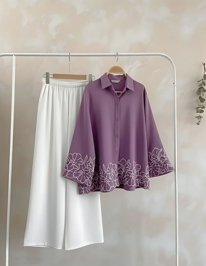 Elegant Embroidery Co-Ord Set - Purple - Image 1