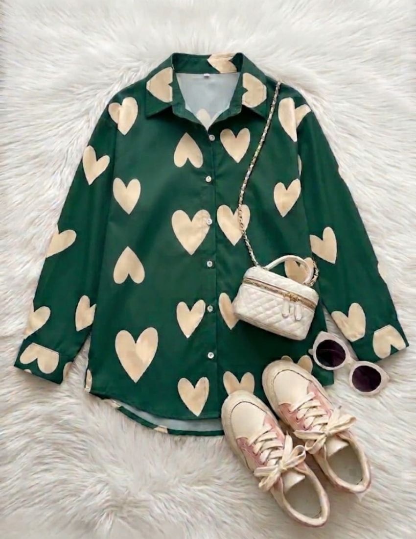 Elegant Heart Print Shirt - Emerald Green