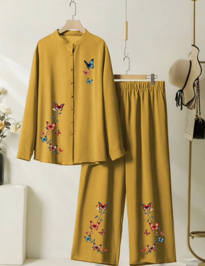 Elegant Butterfly Printed Co-Ord - Mustard