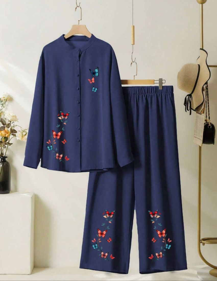 Elegant Butterfly Printed Co-Ord - Navy