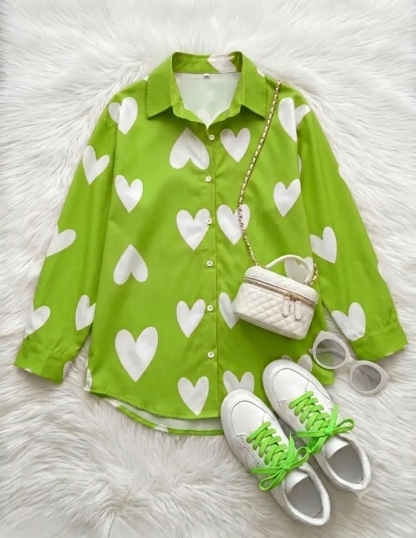 Elegant Heart Print Shirt - Lime Green