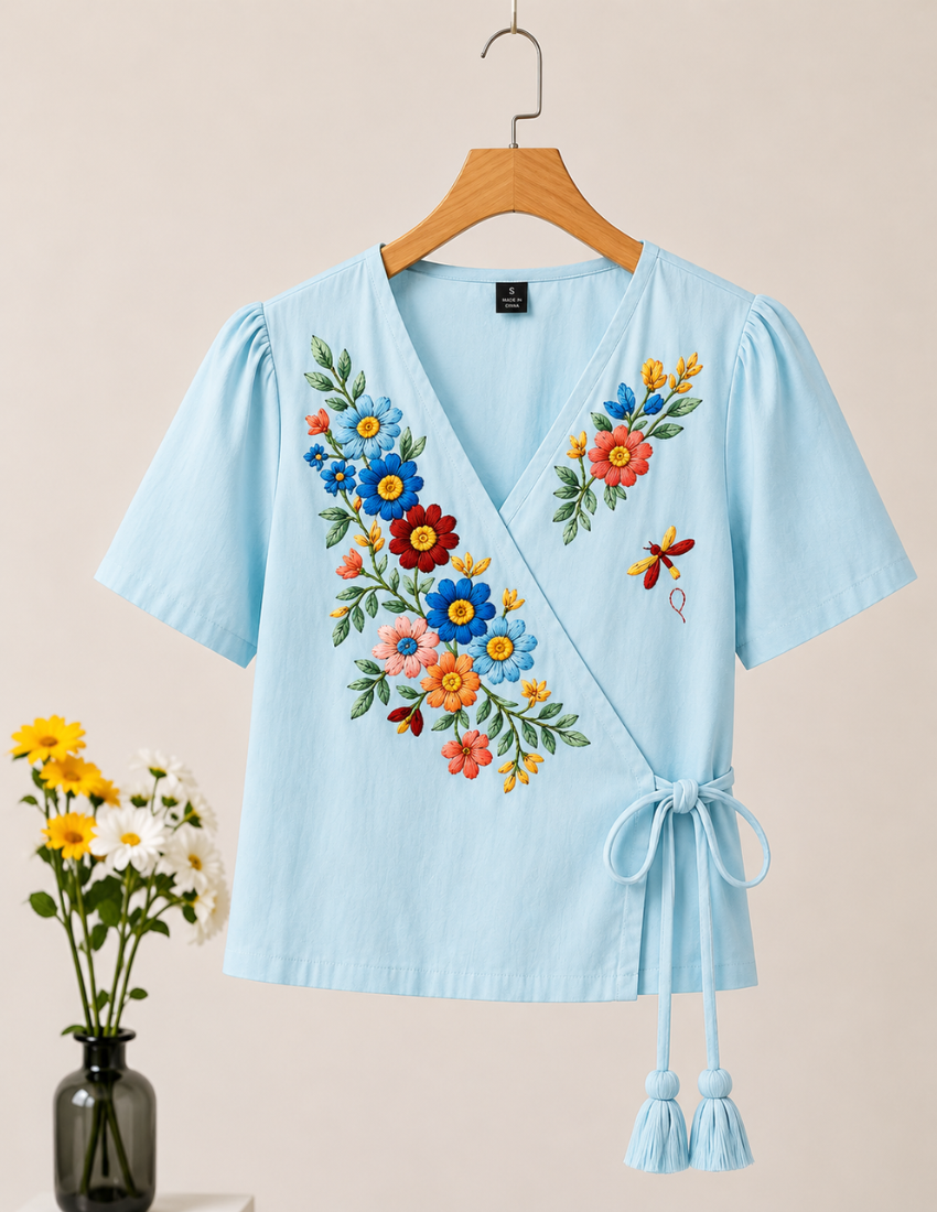 Sky Blue Flower Printed Wrap Top