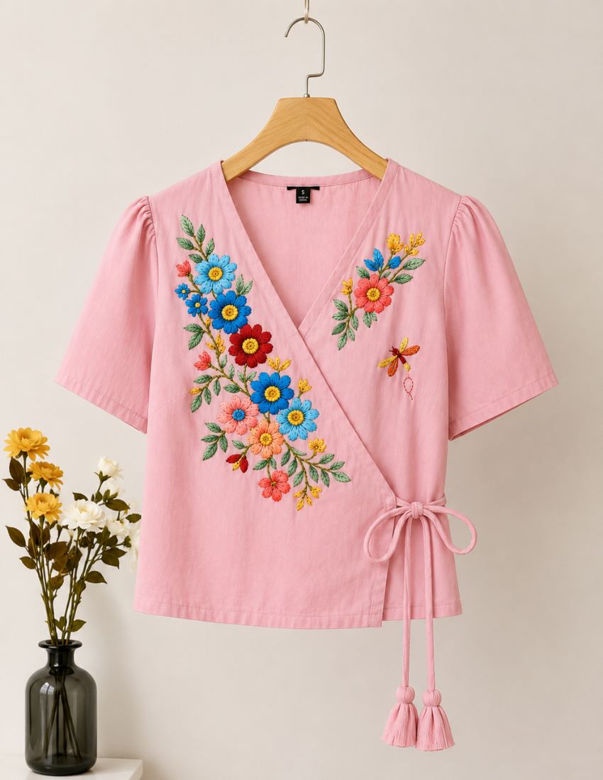 Blush Pink Flower Printed Wrap Top