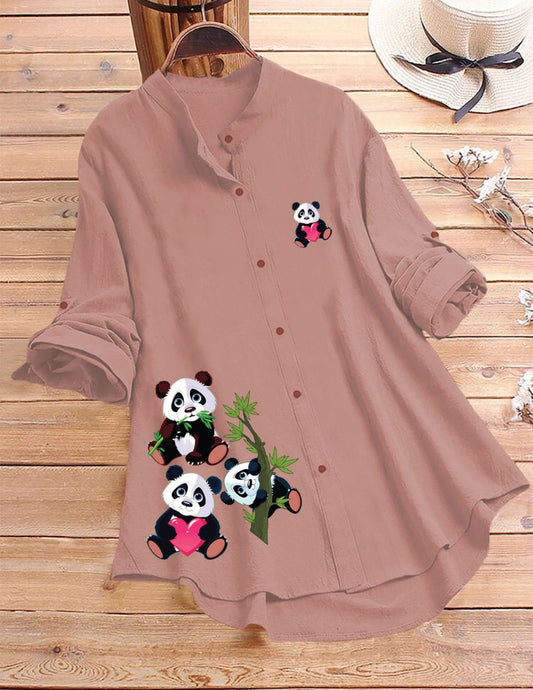 Panda Print Button-Up Shirt - Peach