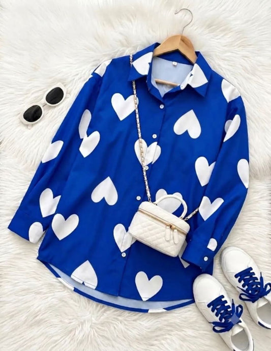 Elegant Heart Print Shirt - Blue