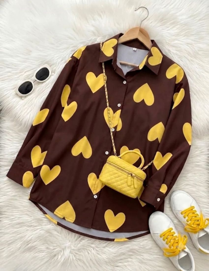 Elegant Heart Print Shirt - Brown