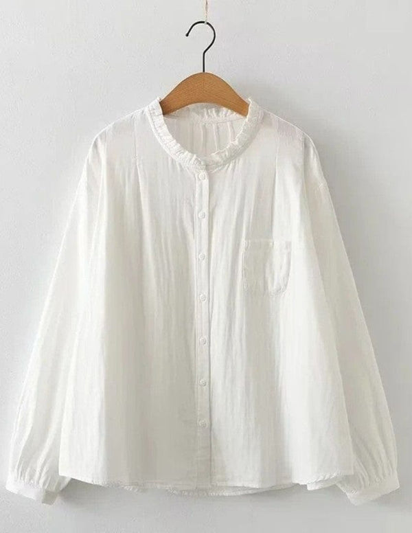 White Frill Trim Button-Up Plain Top