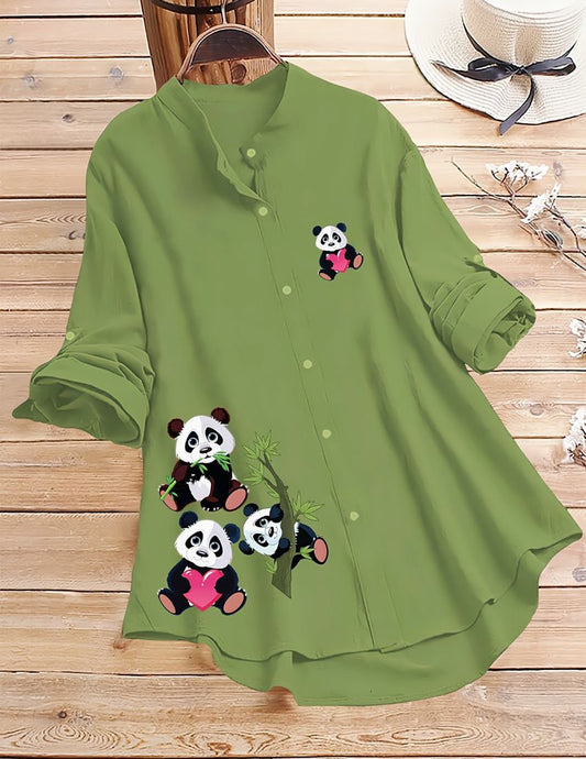 Panda Print Button-Up Shirt - Green