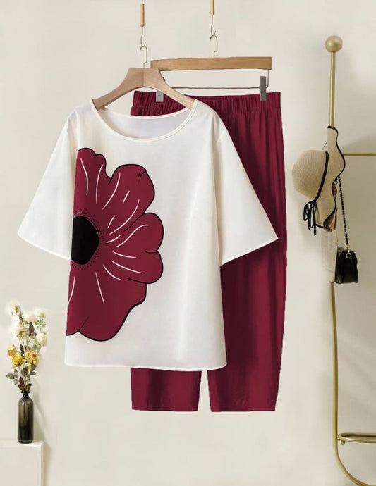 Maroon Flower Top with Bottom Set