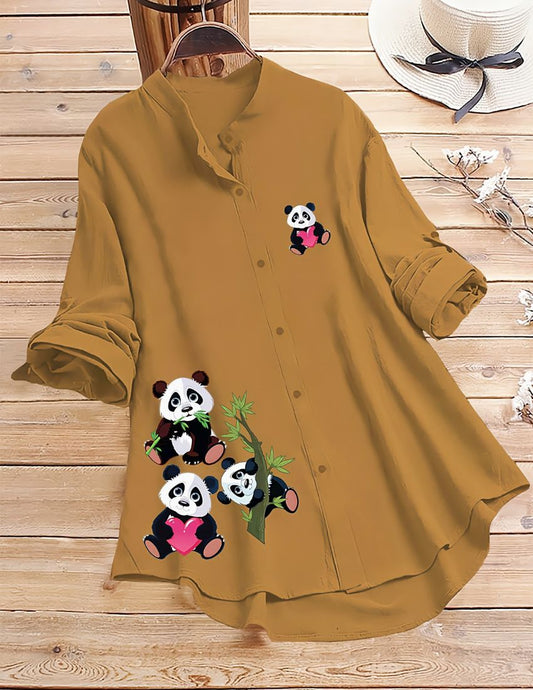 Panda Print Button-Up Shirt - Yellow
