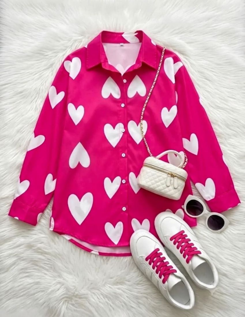 Elegant Heart Print Shirt - Pink