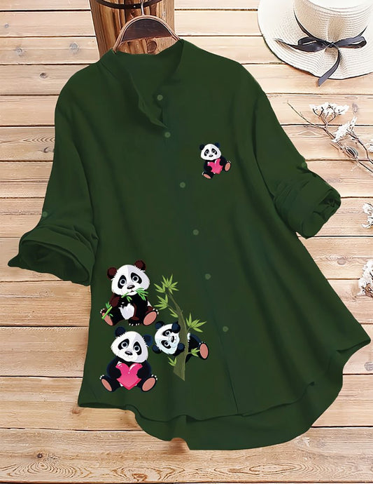 Panda Print Button-Up Shirt - Dark Green