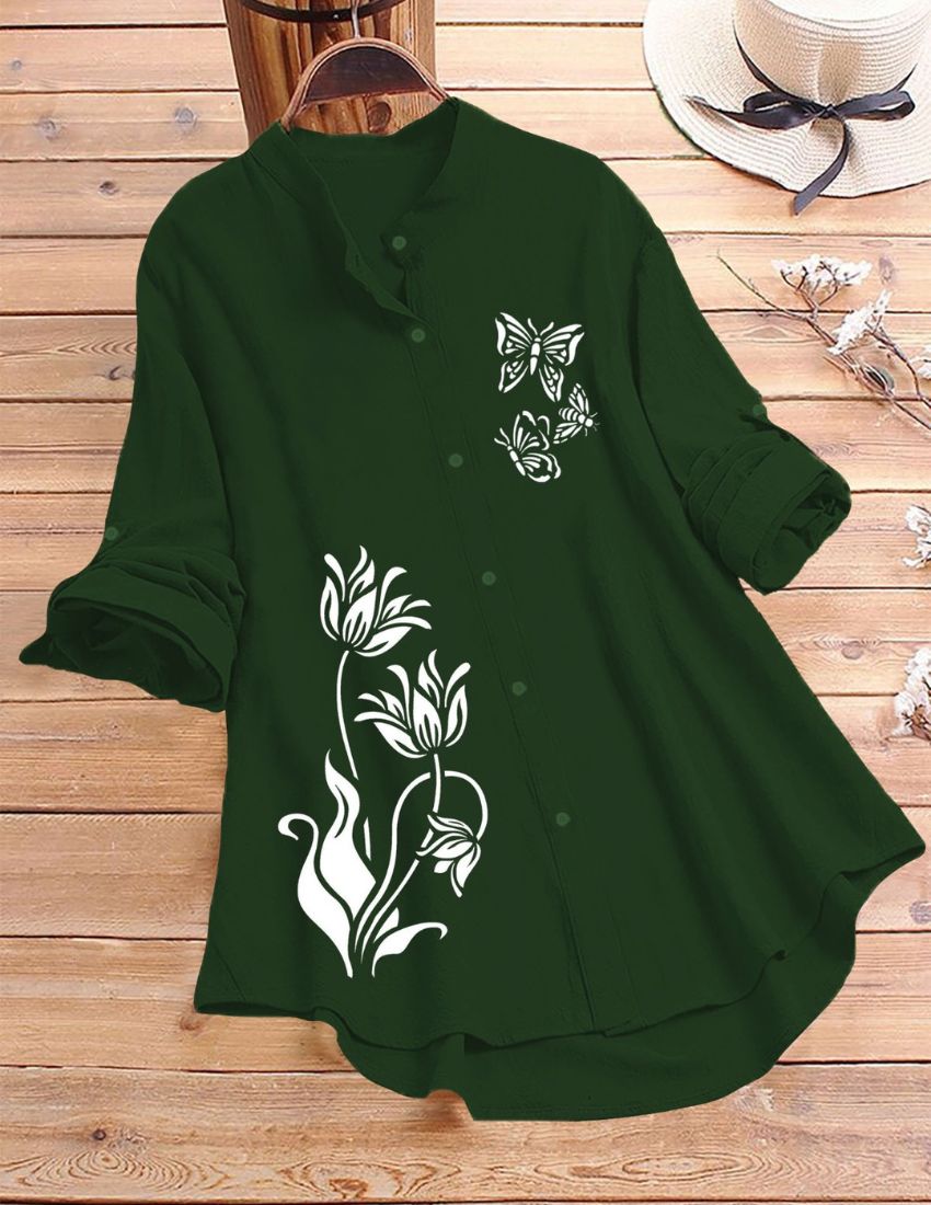Tulip & Butterfly Printed Top - Dark Green