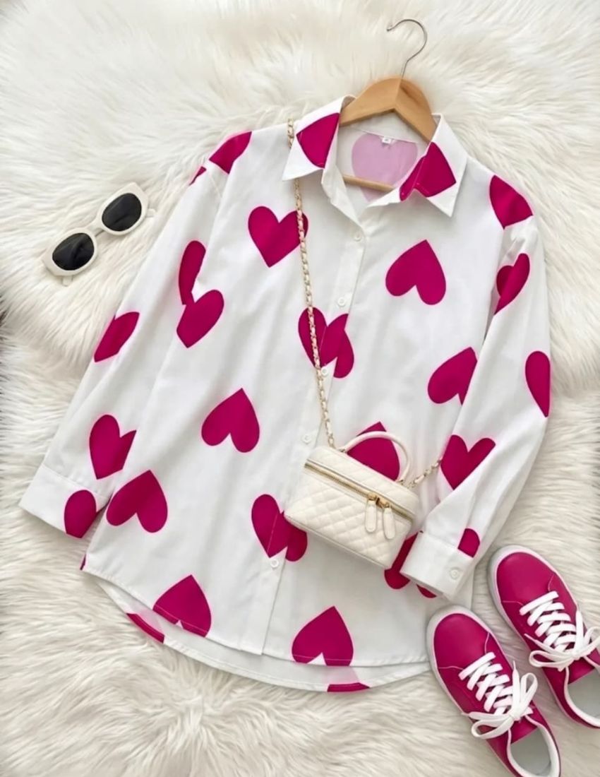 Elegant Heart Print Shirt - White