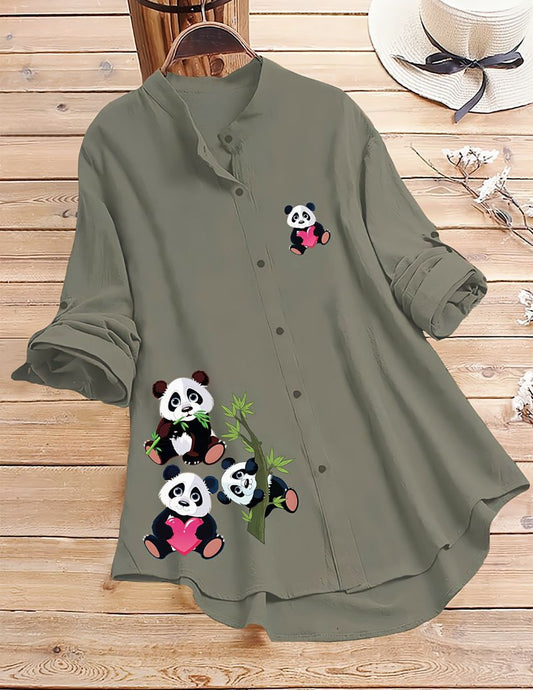 Panda Print Button-Up Shirt - Grey