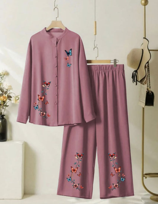 Elegant Butterfly Printed Co-Ord - Mulberry