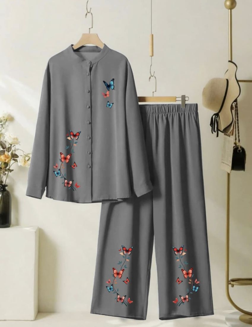 Elegant Butterfly Printed Co-Ord - Grey