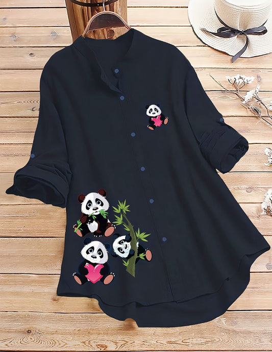 Panda Print Button-Up Shirt - Blue