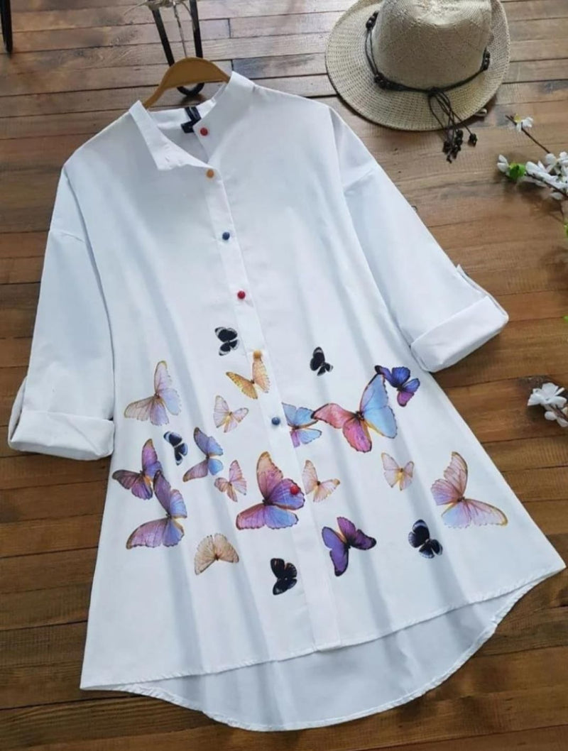 White Printed Rayon Tunic Top - Butterfly