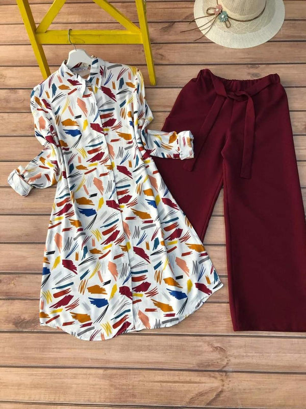 Printed Top and Maroon Palazzo Set