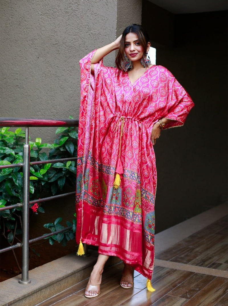 Pink Color Satin Printed Kaftan