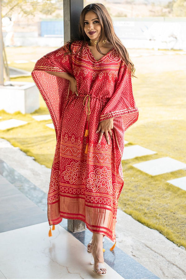 Red Satin Bandhni Printed Kaftan