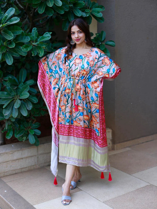 Multicolor Satin Floral Printed Kaftan