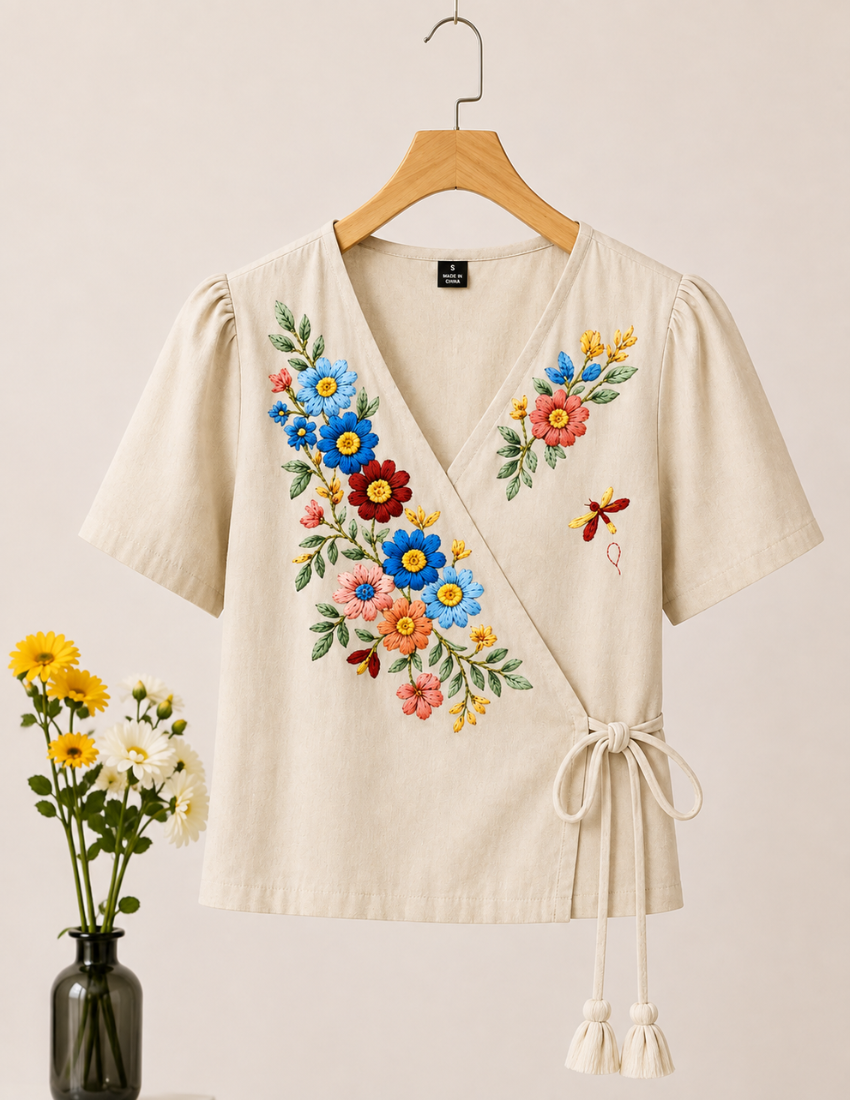 Cream Flower Printed Wrap Top