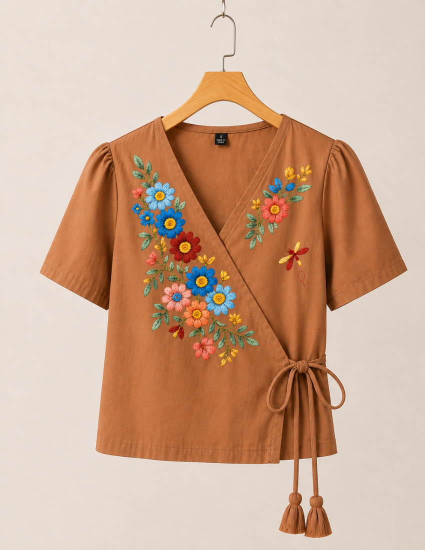 Brown Flower Printed Wrap Top