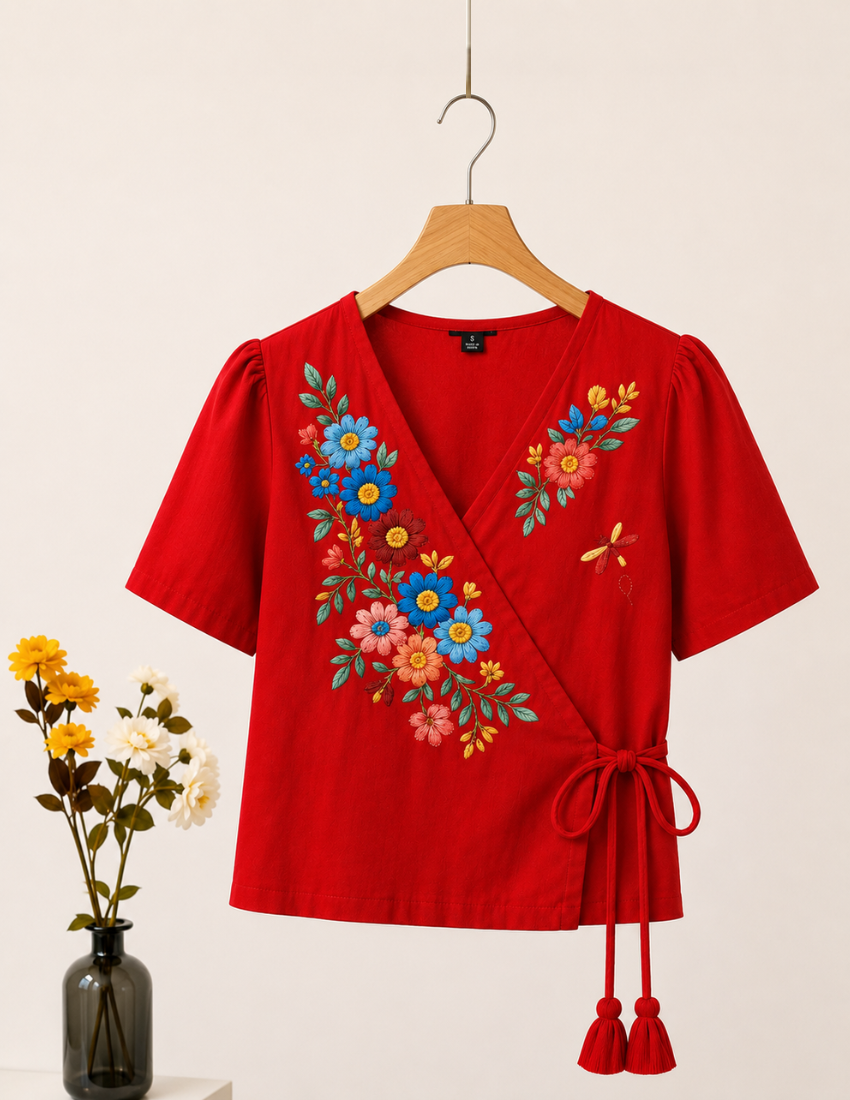 Red Flower Printed Wrap Top