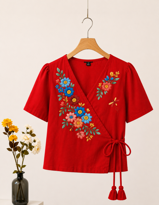 Red Flower Printed Wrap Top