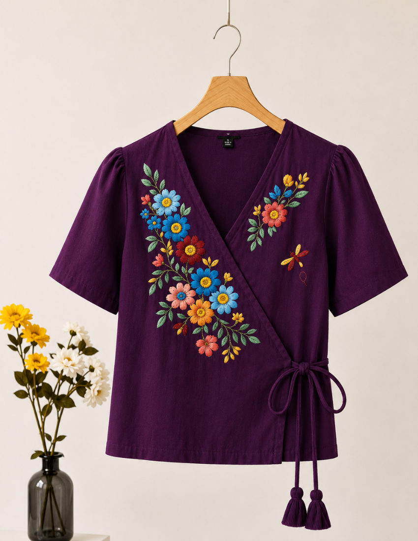 Purple Flower Printed Wrap Top