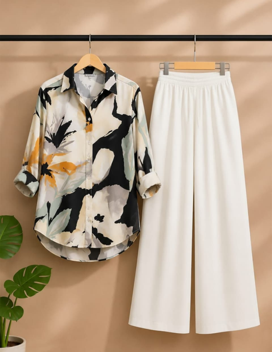Ivory Black Abstract Brushstroke Print Co-Ord Set